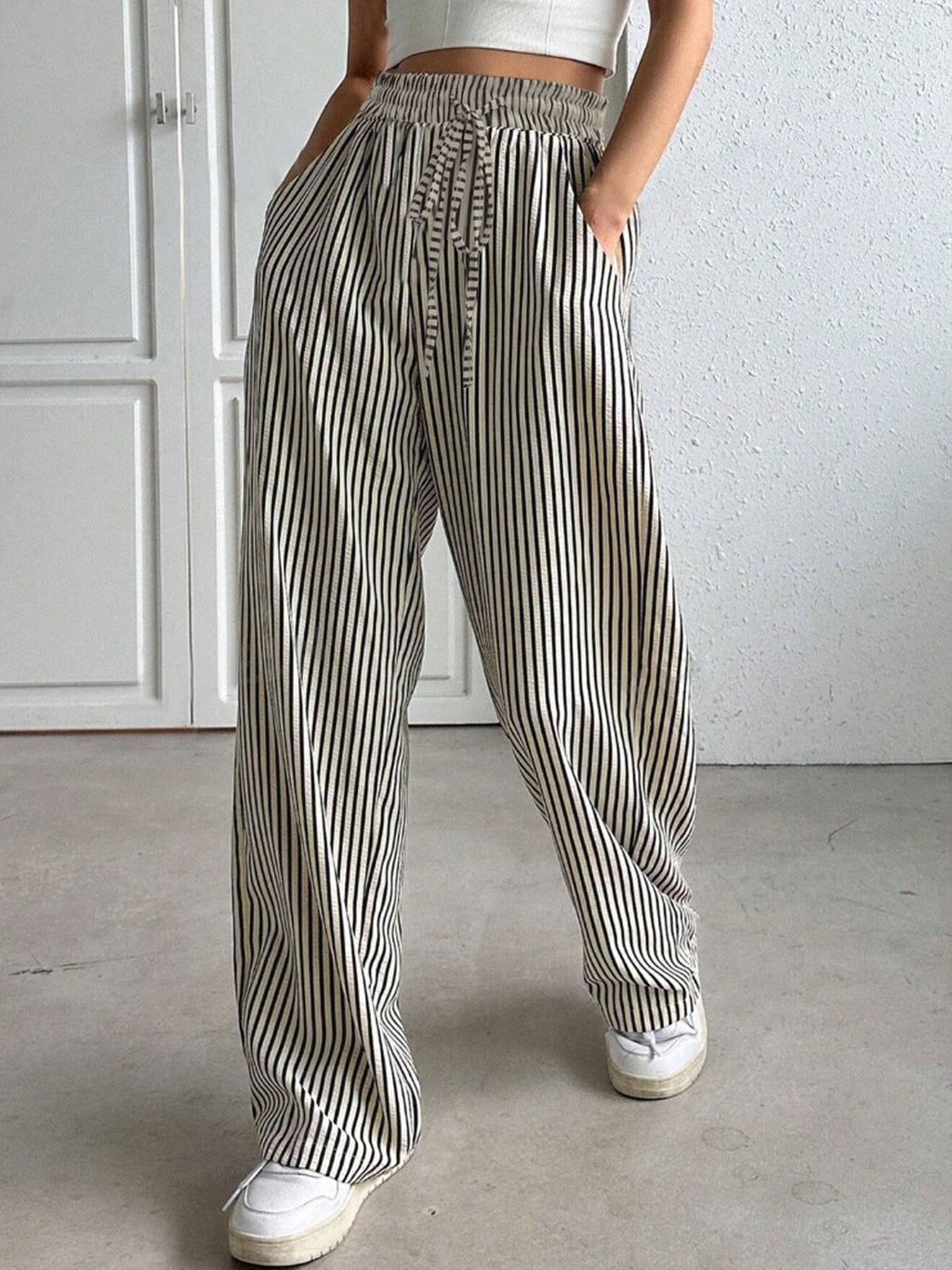 Femmes Haute taille rayée large pantalons de jambe élastique cordon de serrage libre ajustement Casual droit long