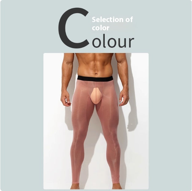 Les hommes ultra-mince soie de glace Skinny taille basse Nude de chair Reflective Slim Leggings