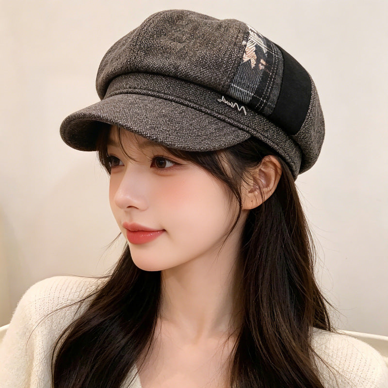Retro British Style Plaid Octagonal Beret for Women