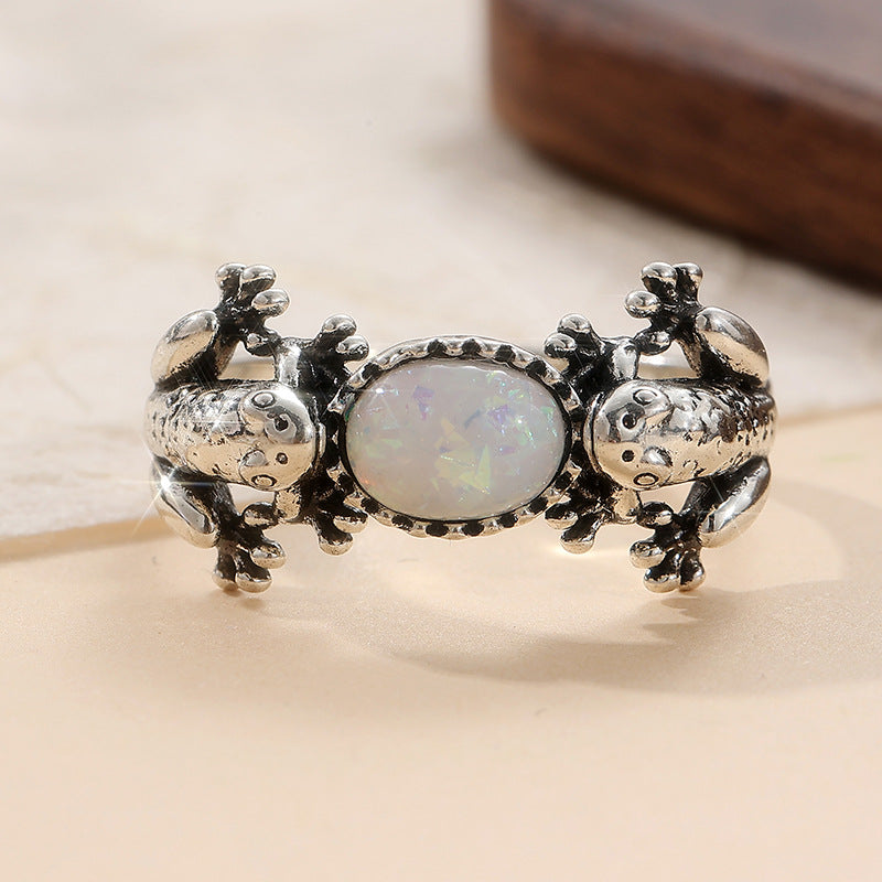 Vintage grenouille bague en pierre irisé argent ton laiton femmes animal déclaration party mode