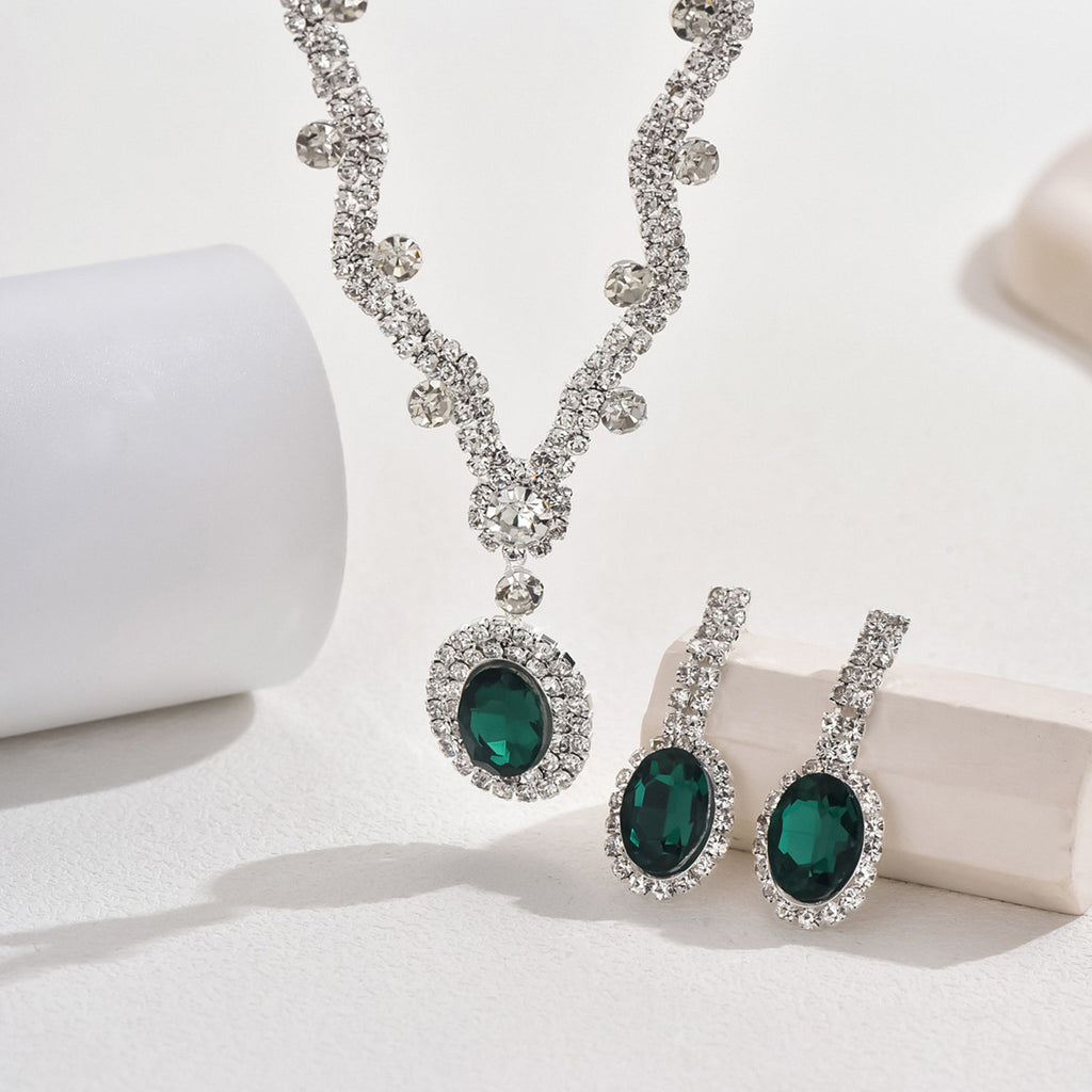 Femmes Simulated Emerald Oval Halo CZ 2Pcs Ensemble de bijoux