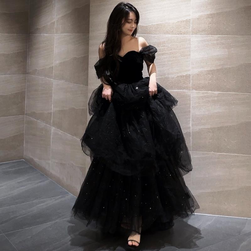Robe de soirée noire Léger Luxury Minority style français Pettiskirt