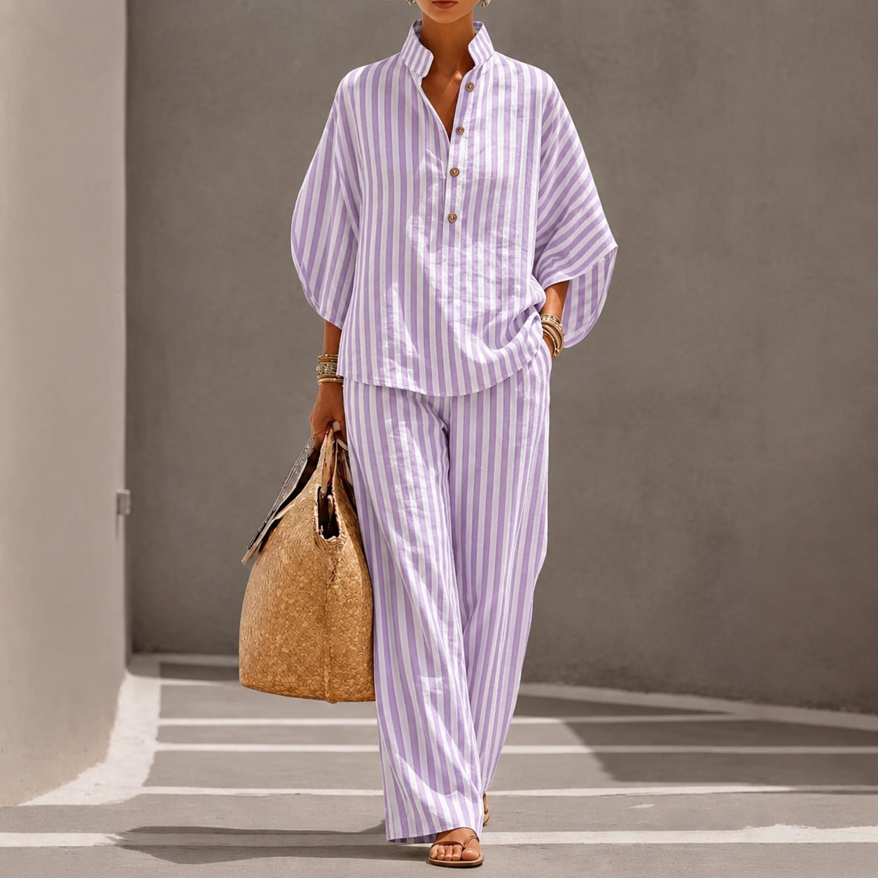 Chemise rayée et pantalon à large jambe Ensemble en deux parties