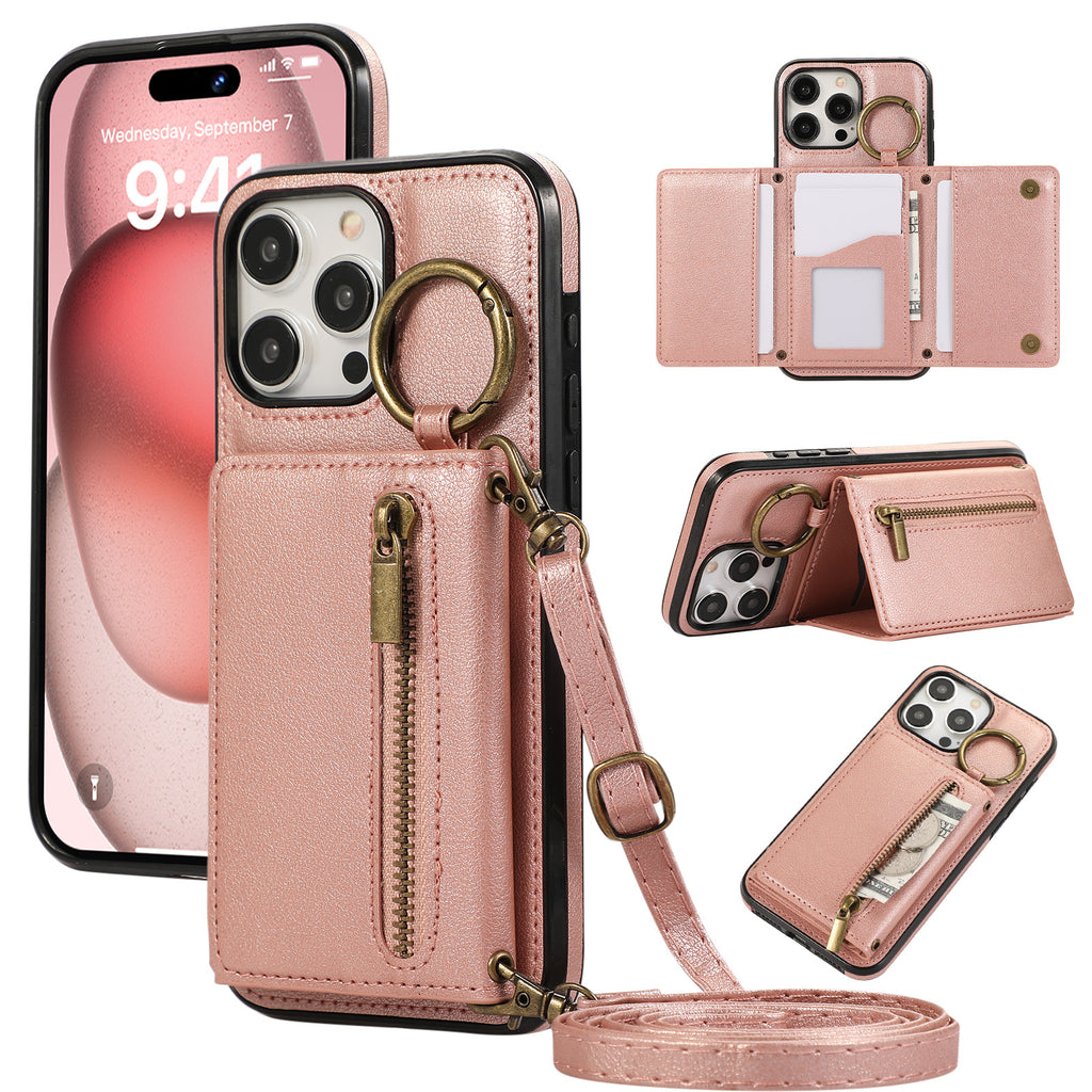 Convient pour IPhone16 Crossbody Mobile Phone Porte-cartes zippées à triple pli