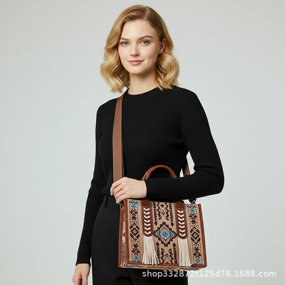 Bohemian Ethnic-Style Tassel Statement Toile Large-Capacity Crossbody Bag