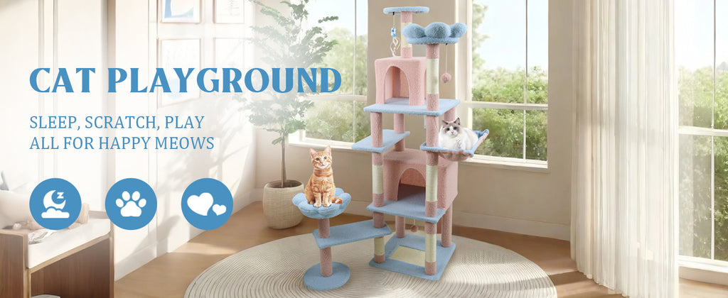 71 pouce arbre de chat fleur avec grand condo coussin de fleur amovible et hamac bleu