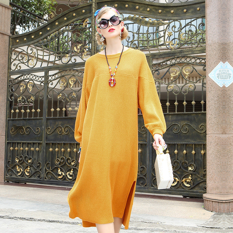 Hiver chaud couleur solide tricot pull robe longue manche grande taille grosse soeur robe materni