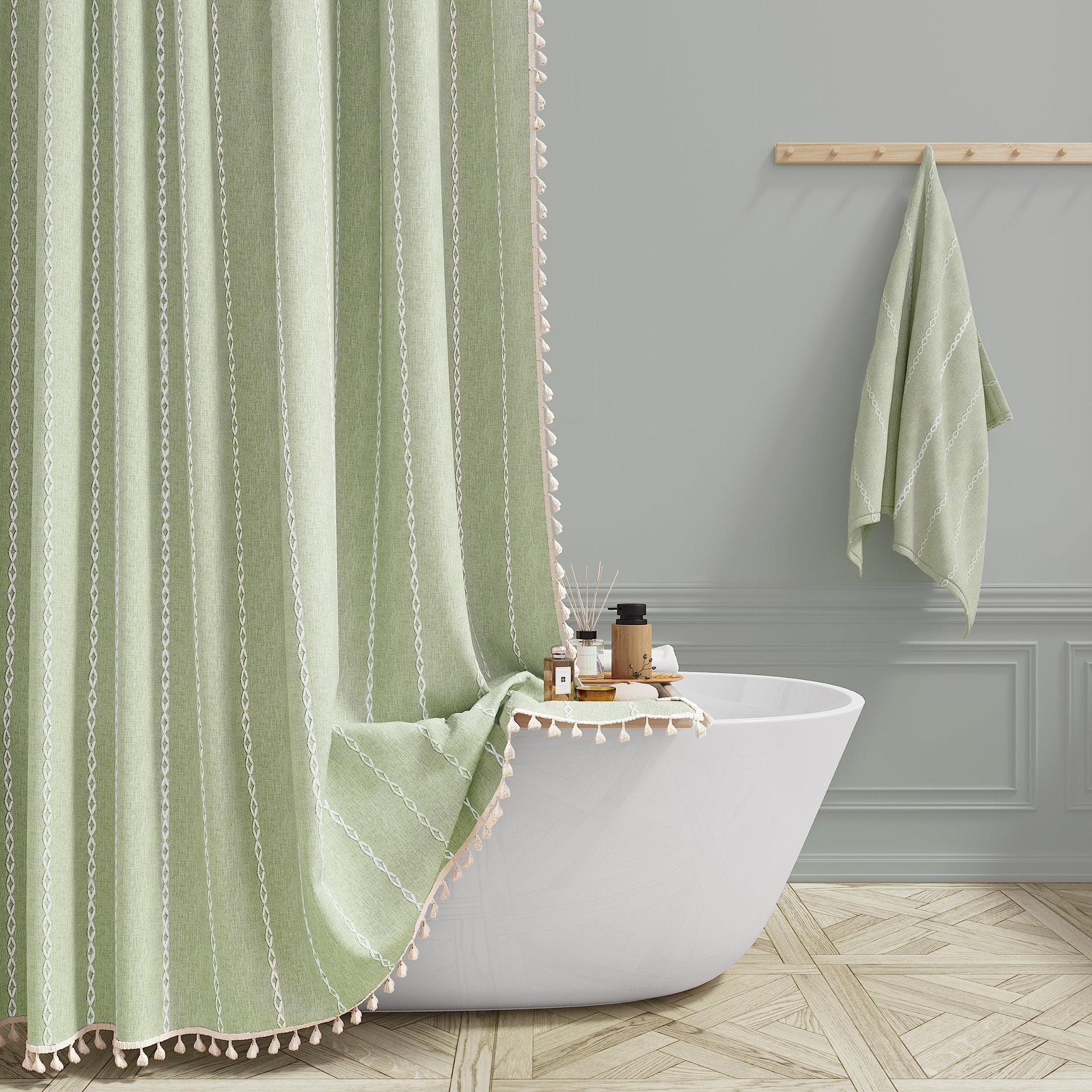 Tencel-linen Checkered Tassel Salle de bain Checkered Partition Rideau de douche imperméable Curta