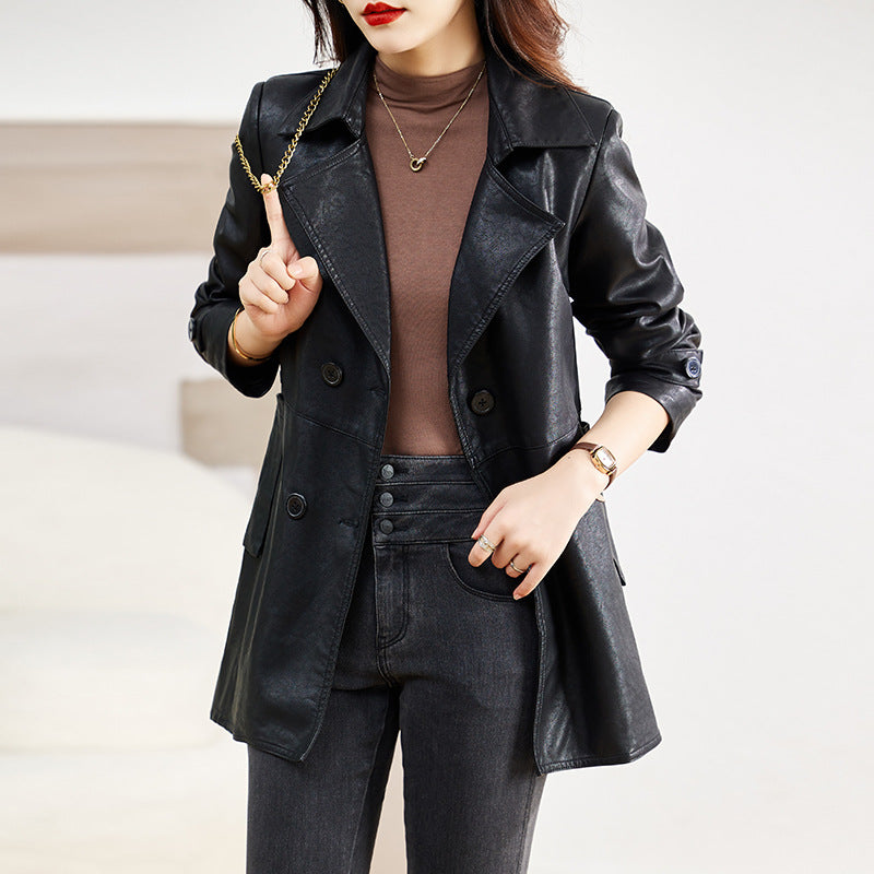 Manteau de cuir mi-long pour femme Printemps et automne