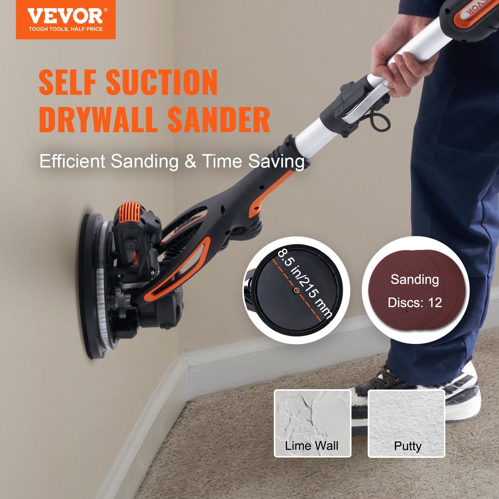 VEVOR Sander à paroi sèche 900W Brush Motor 800-1800RPM Vitesse variable et auto-aspiration