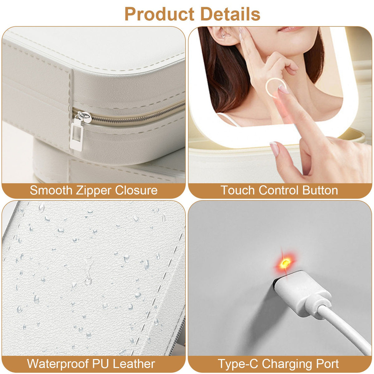 1Pc Portable Sac de maquillage de voyage avec miroir LED Rechargeable miroir de beauté avec 3 couleurs