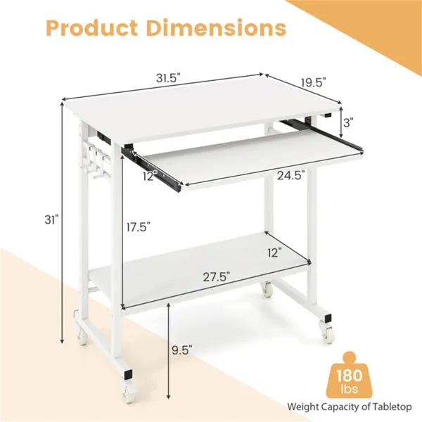Bureau d'ordinateur mobile blanc avec plateau à clavier et plateau de stockage