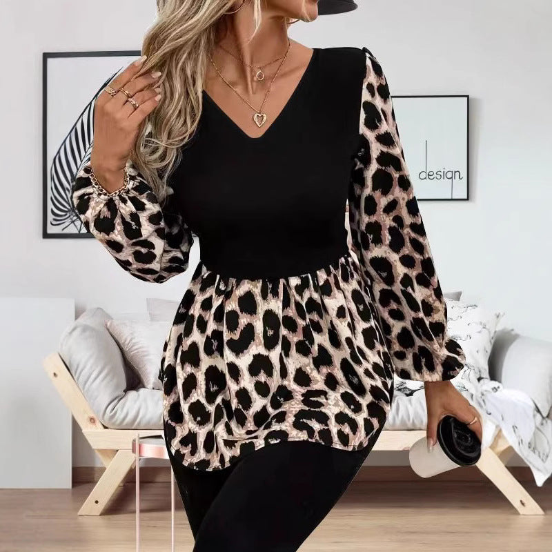Women's Autumn Winter Patchwork Leopard Print V-neck Long Sleeve Dress