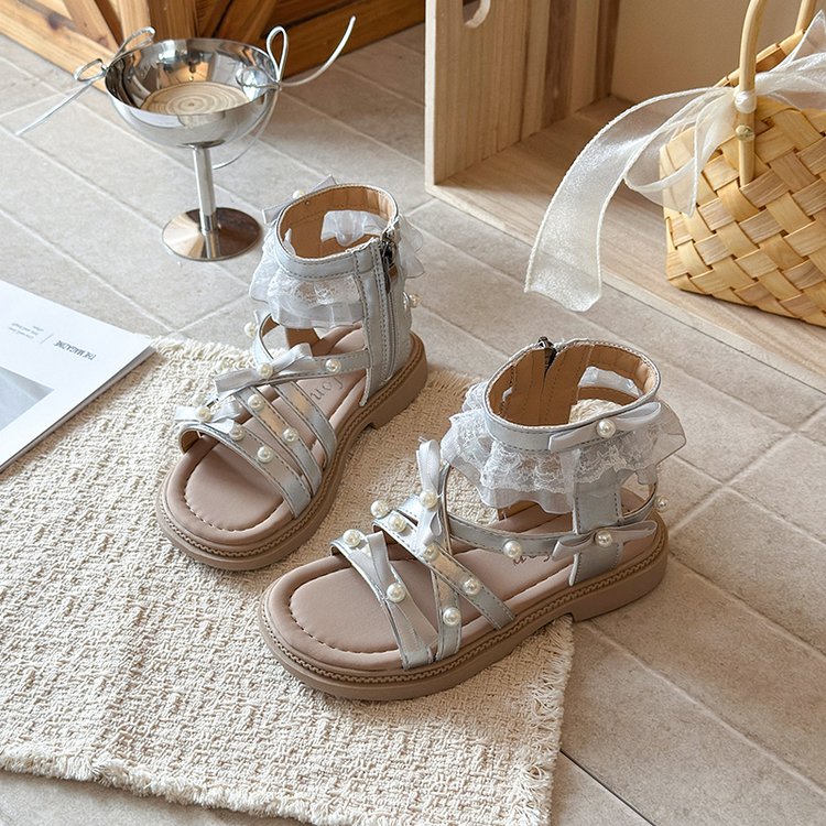 Sandales romaines pour enfants Summer Lace Pearl Bow Middle School Sandales filles Princesse Chaussures