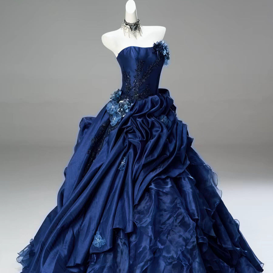 Blue High-end Intricately Embellished Strapless Ball Gown Pour les événements et les banquets du soir