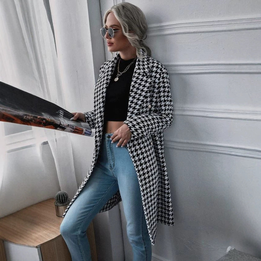 Amazon AliExpress Automne et hiver Mode Houndstooth Imprimer long manteau de laine