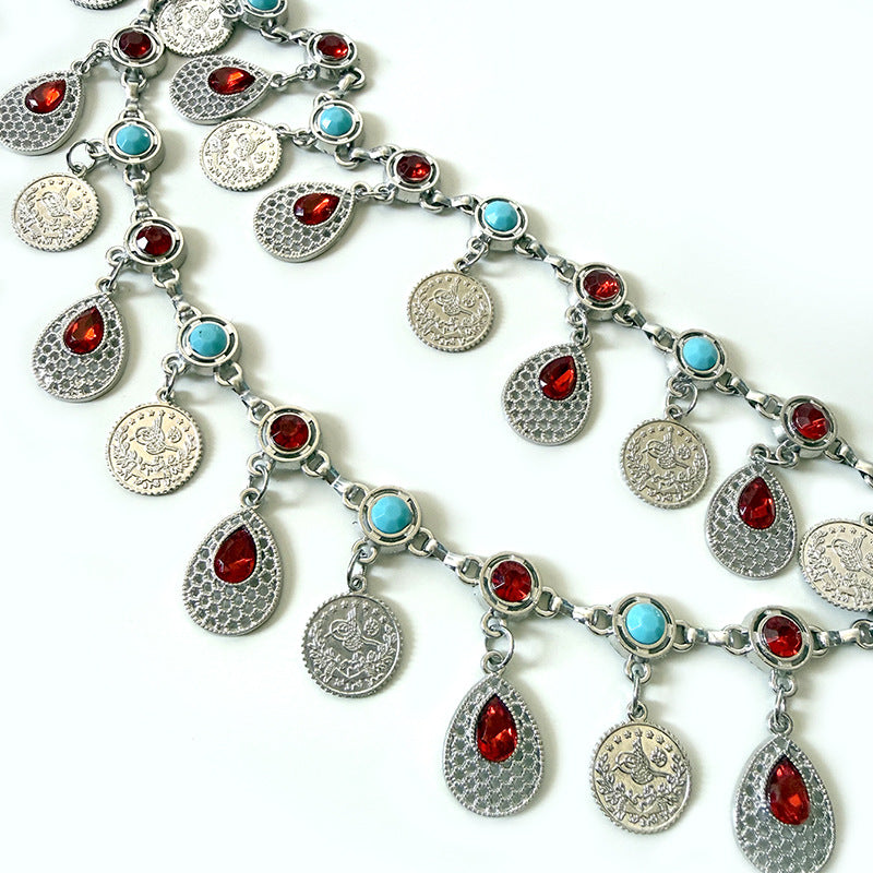 Retro Ethnic Style Butterfly Strass Waist Chain Avec Turquoise Coin Pendentif Tassel Bel