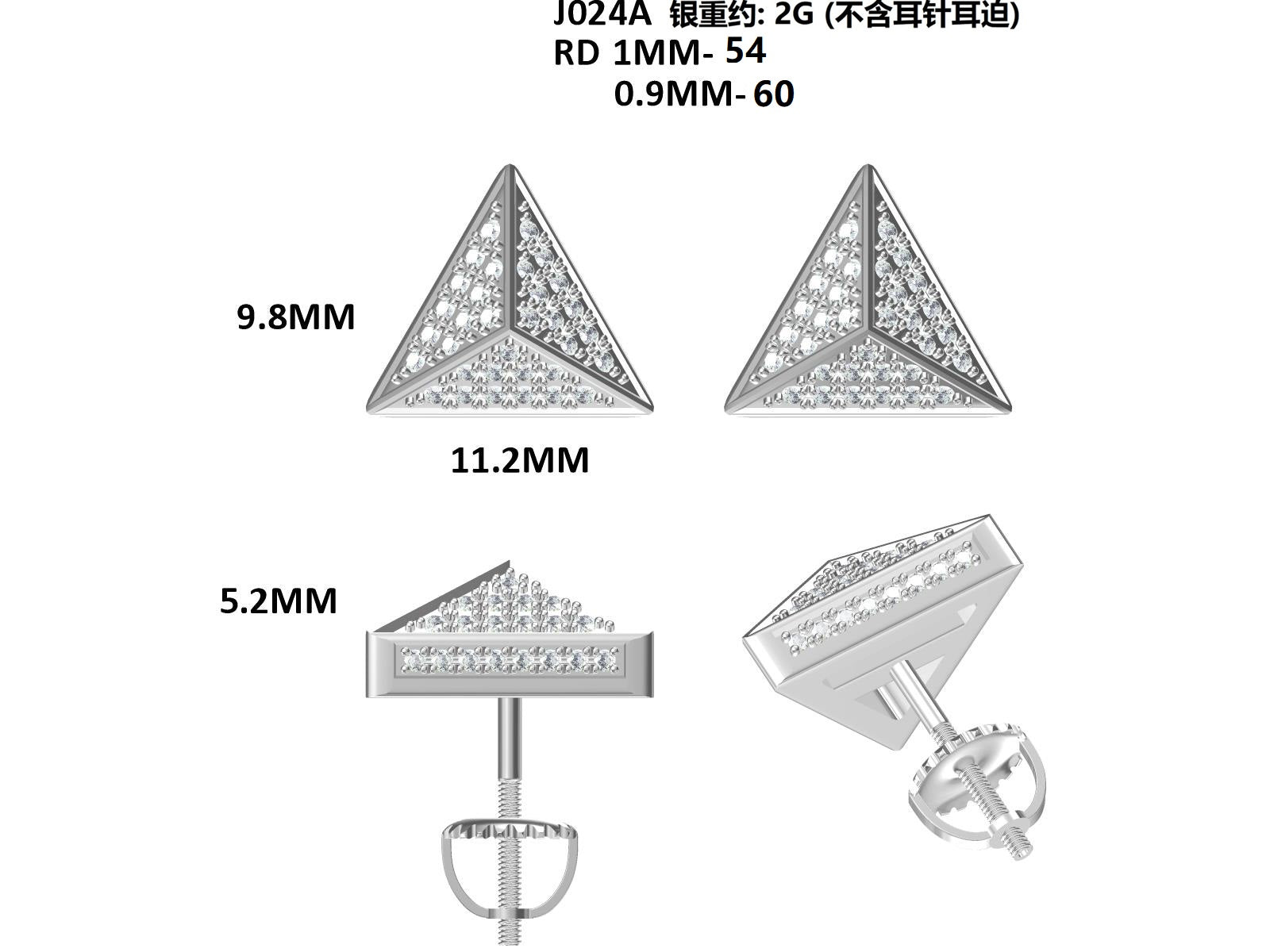 S925 Argent Sterling 114pcs D Couleur VVS1 Triangle de Moissanite Boucles d'oreilles Pyramide 3D