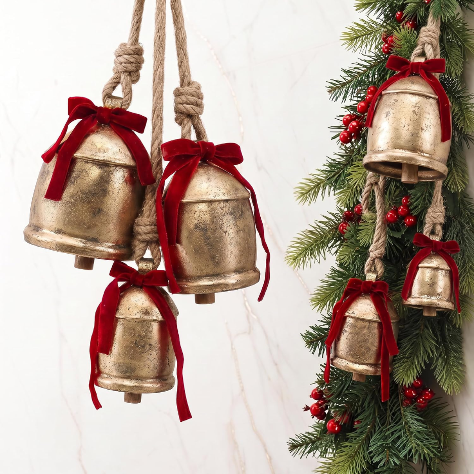 Charmant jeu de décoration de Noël Vintage de 3 cloches en métal doré