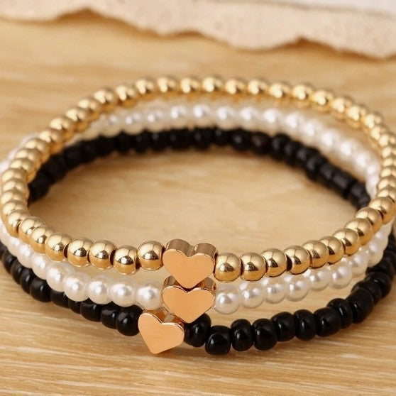 Style de plage Handmade Perle Stretch Cross and Heart Charm Bracelet Set