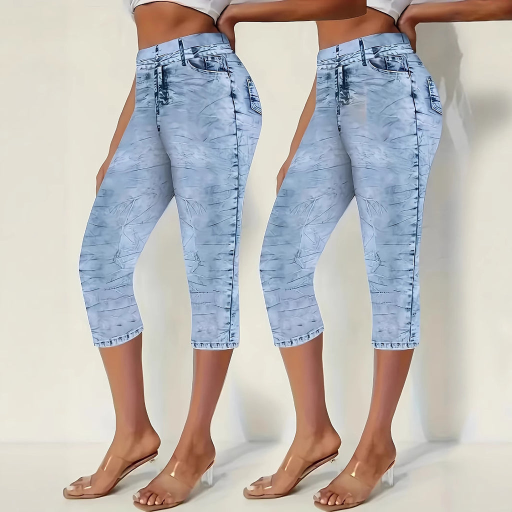 High-stretch, tight-fit, high-waisted, denim-look for summer