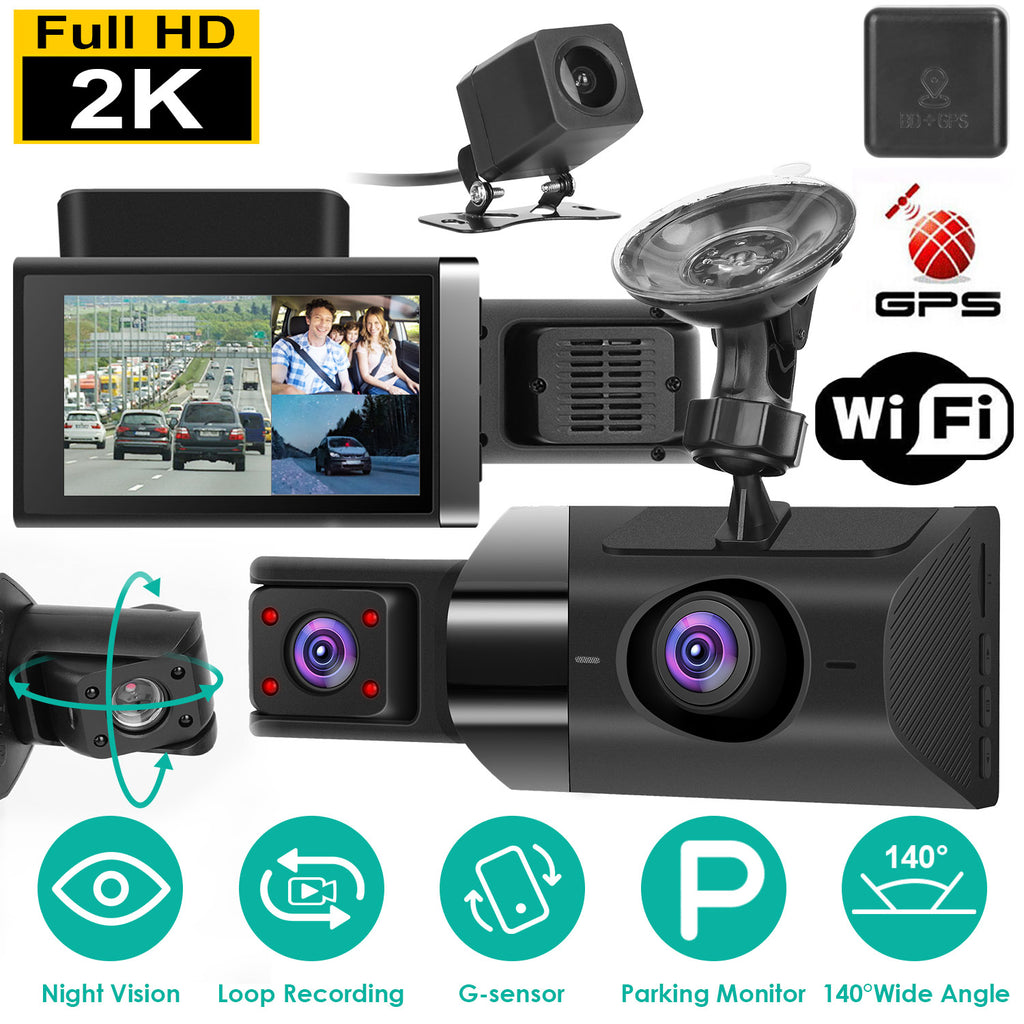 2K Voiture DVR 3 Channel Dash Cam Caméra enregistreur avec 140 degrés Angle GPS WiFi Nig