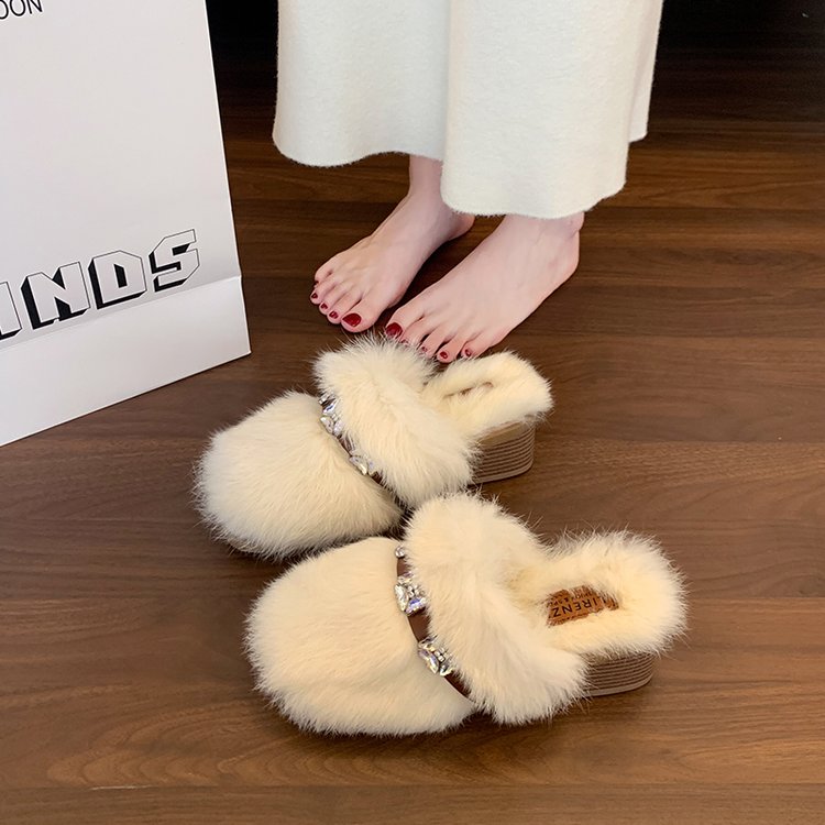 Plateforme Femmes Strass Luxury Furry Slippers