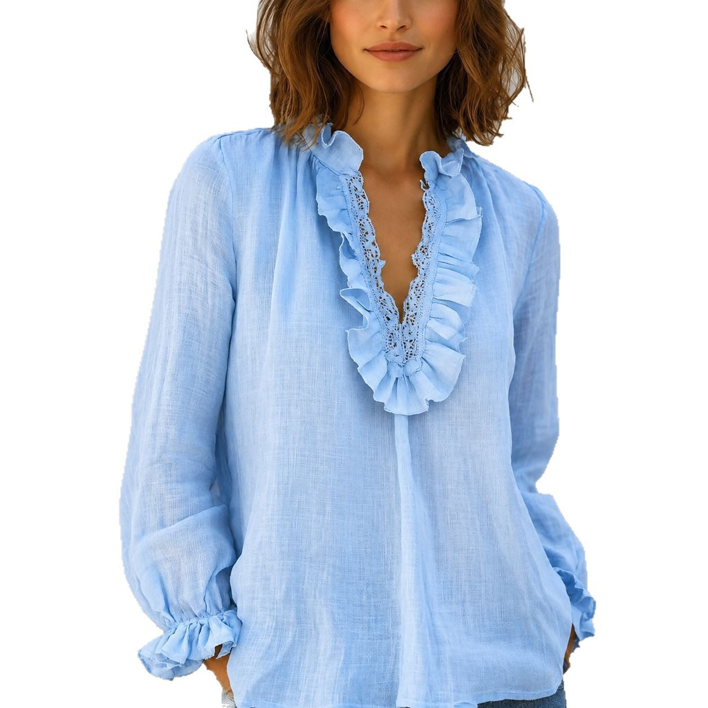 Femmes Deep V-neck Dentelle Loose-fit Blouse Chemise de style français