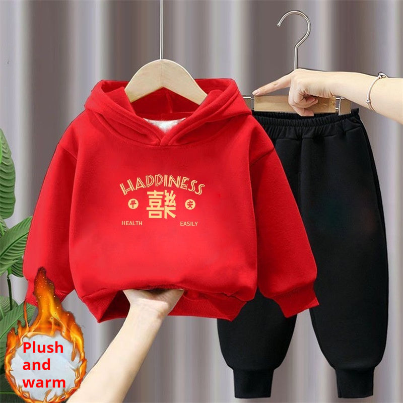 Ensemble de deux pièces à capuche et à sweatpants rouge festifs de style chinois doublé de polaire