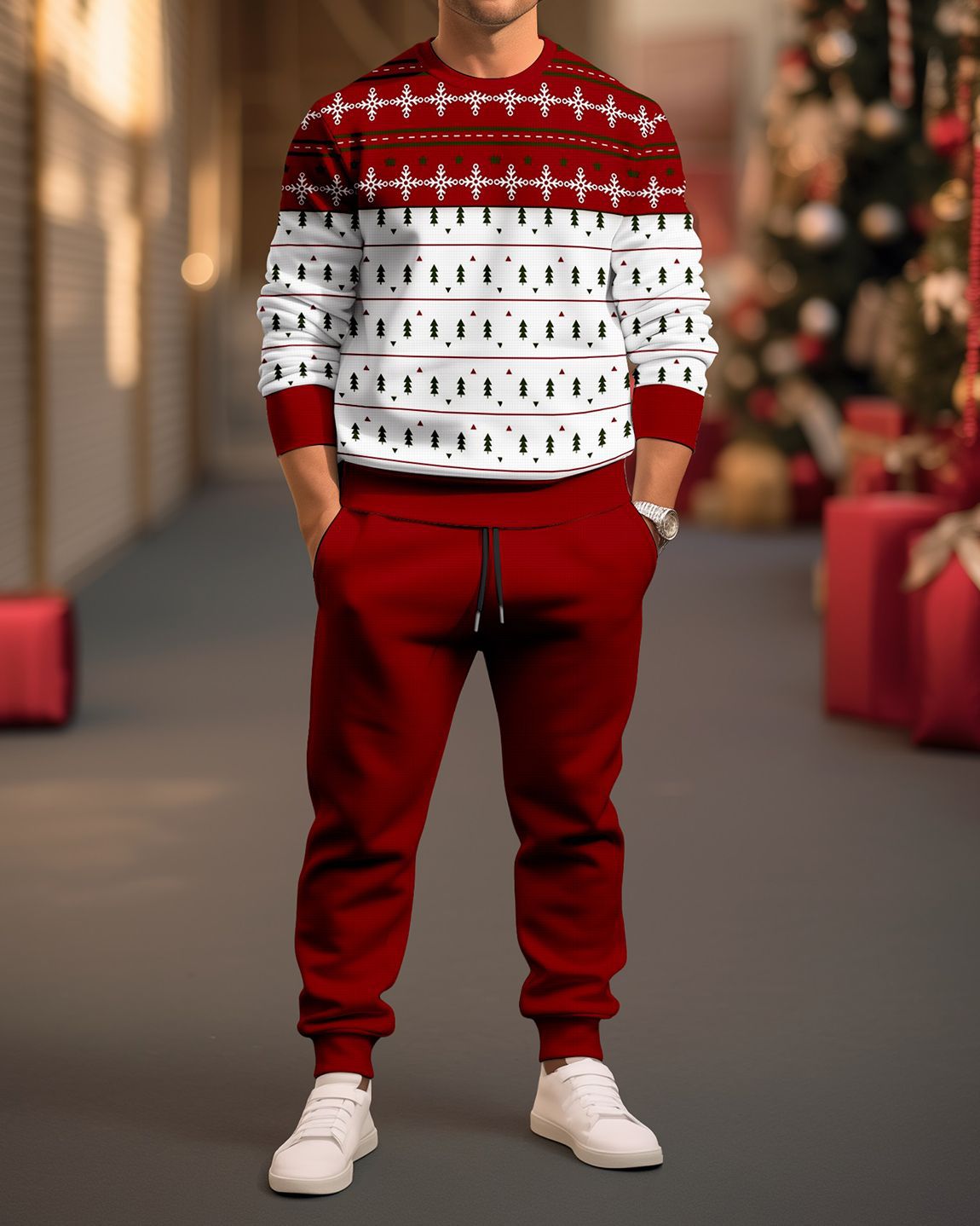 Autumn Men's Crew Neck Long Sleeve Top and Pantalons Set with Christmas Festival Prints