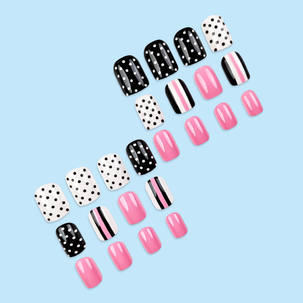 Stickers 24 Pièces de Nail Acrylique Rose Court Carré avec points noirs et rayés