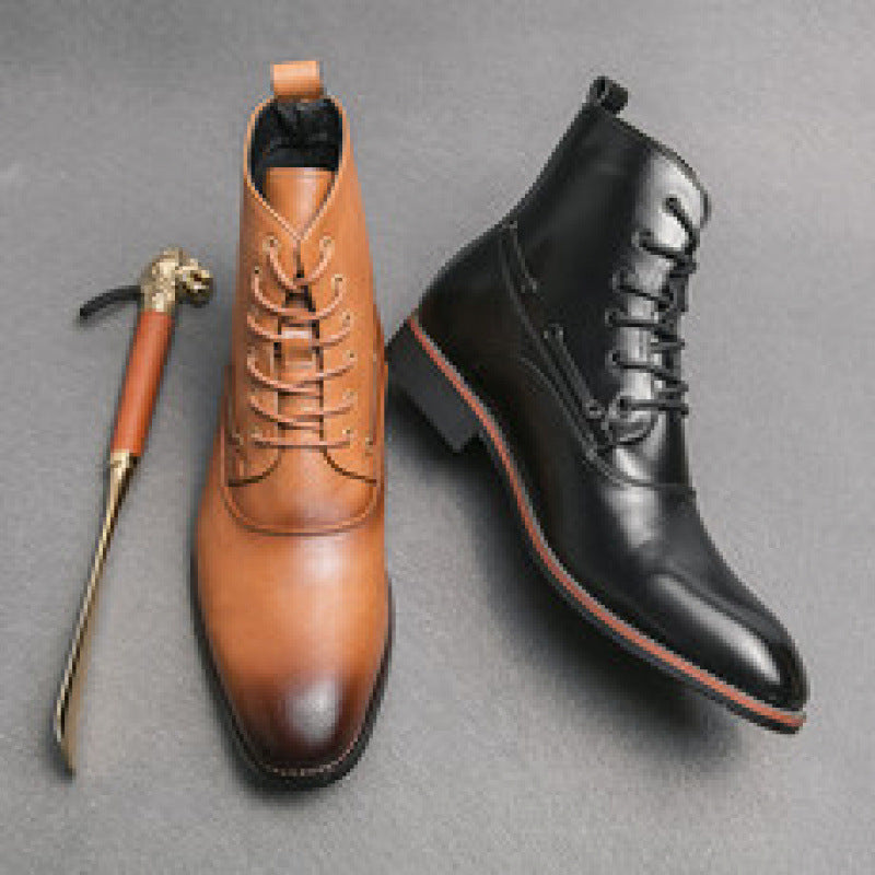 Men's British Style Height-Increasing Leather Boots Pointed Toe Leather S