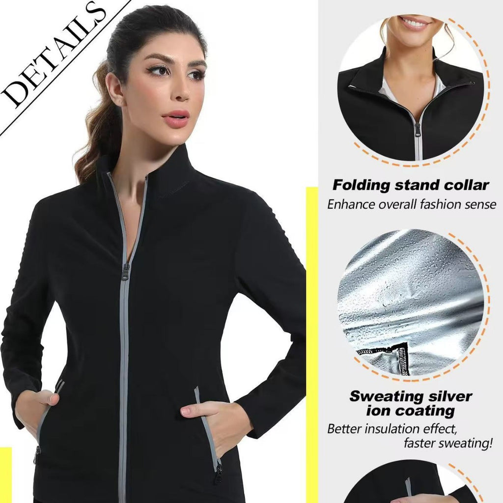 Femmes Fitness Sweaty Workout costume avec Silver-Coated Stand Collar Cardigan