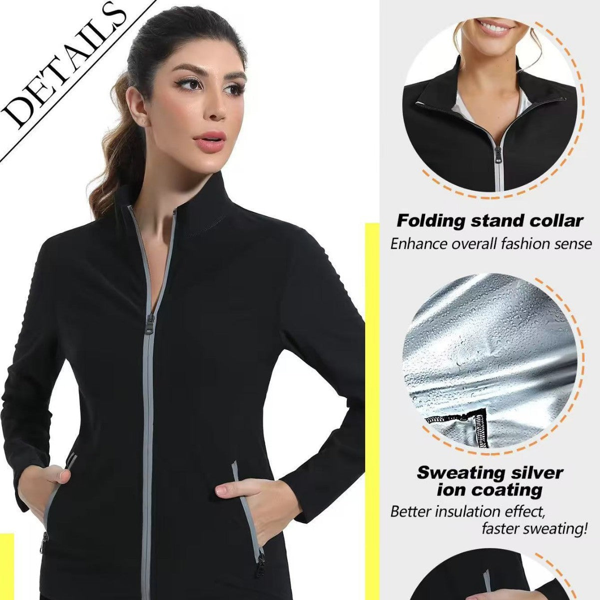 Femmes Fitness Sweaty Workout costume avec Silver-Coated Stand Collar Cardigan