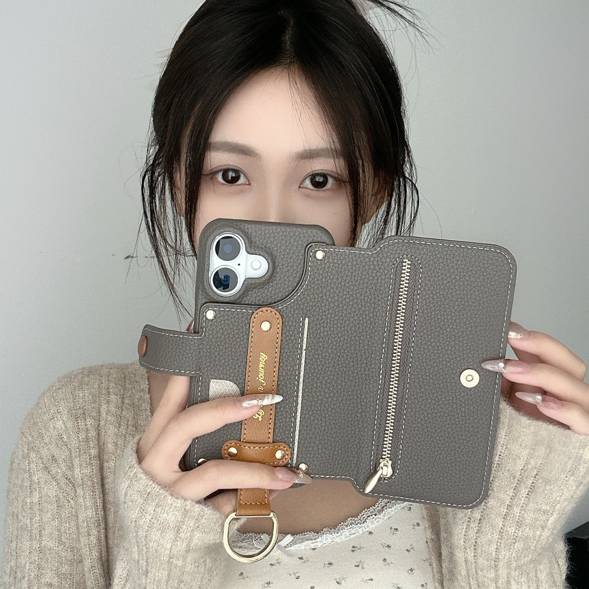Litchi cuir de grain dos collant Flip téléphone en cuir Case