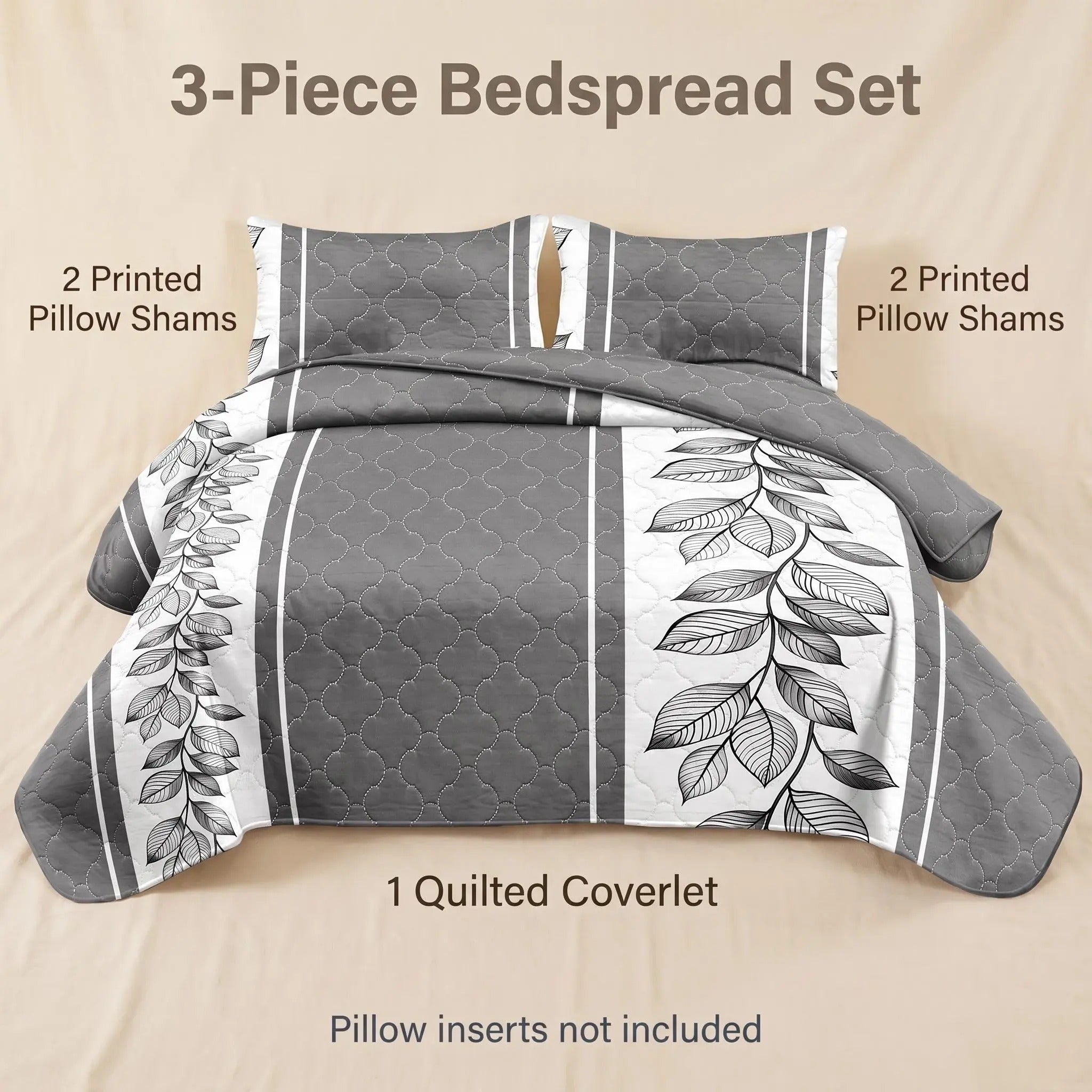 3-Piece gris et blanc bande de lit matelassé pour roi et roi de Californie