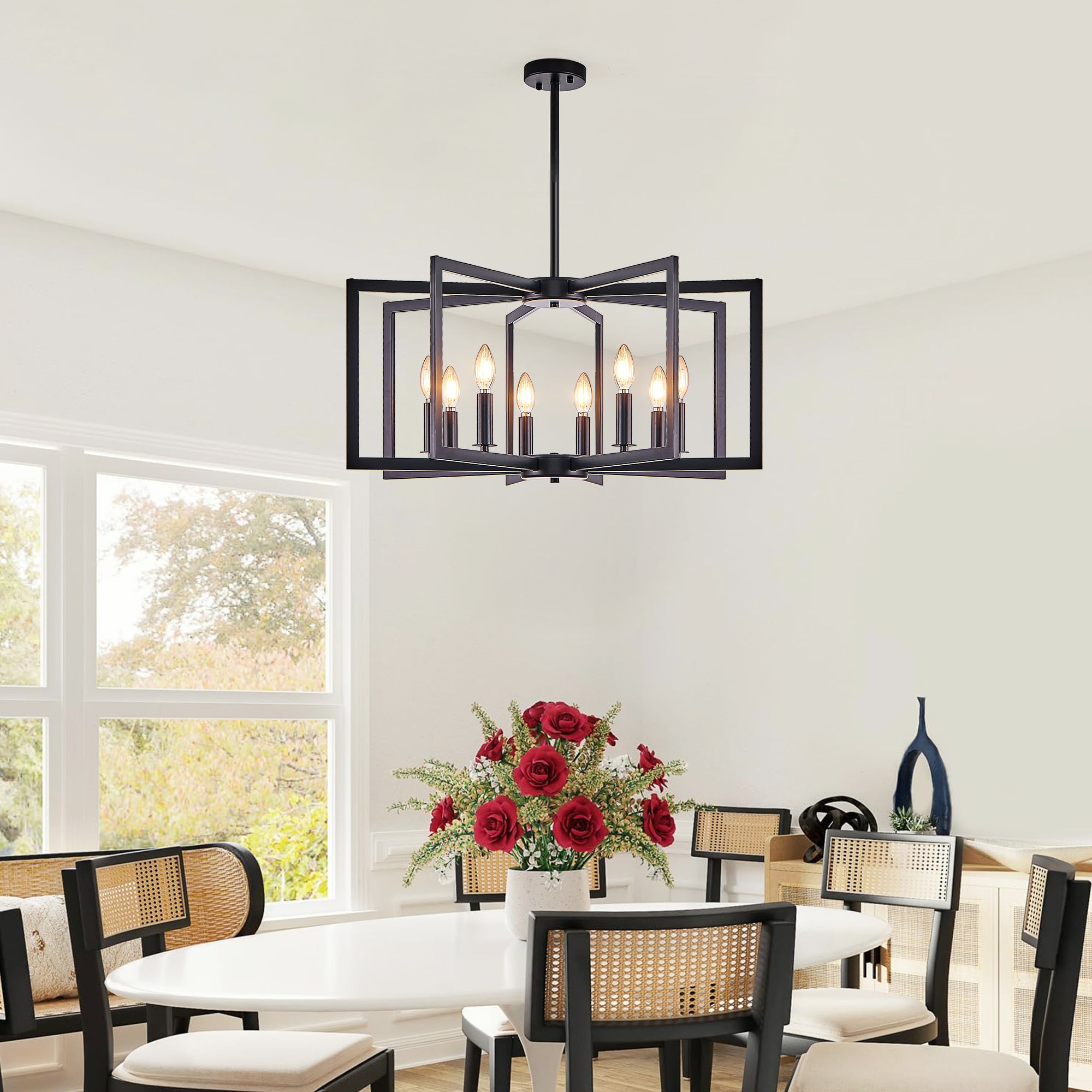 Chandelier 8-Light Geometric Noir moderne de 27" – Luminaire pendentif métallique industriel pour