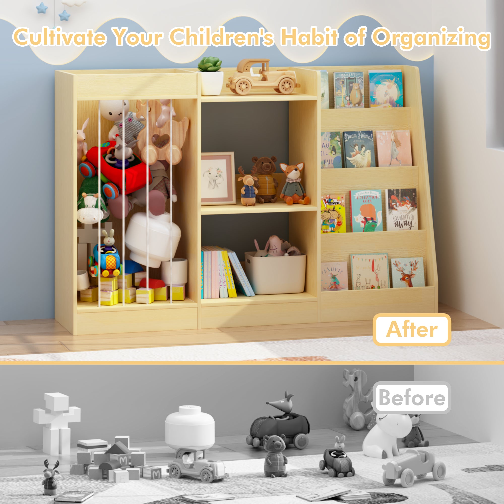 3-en-1 Bibliothèque pour enfants et rangement de jouets
