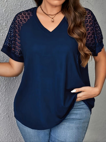 Élégante Dentelle-Patchwork Hollow-Out T-Shirt Femmes Casual manches courtes