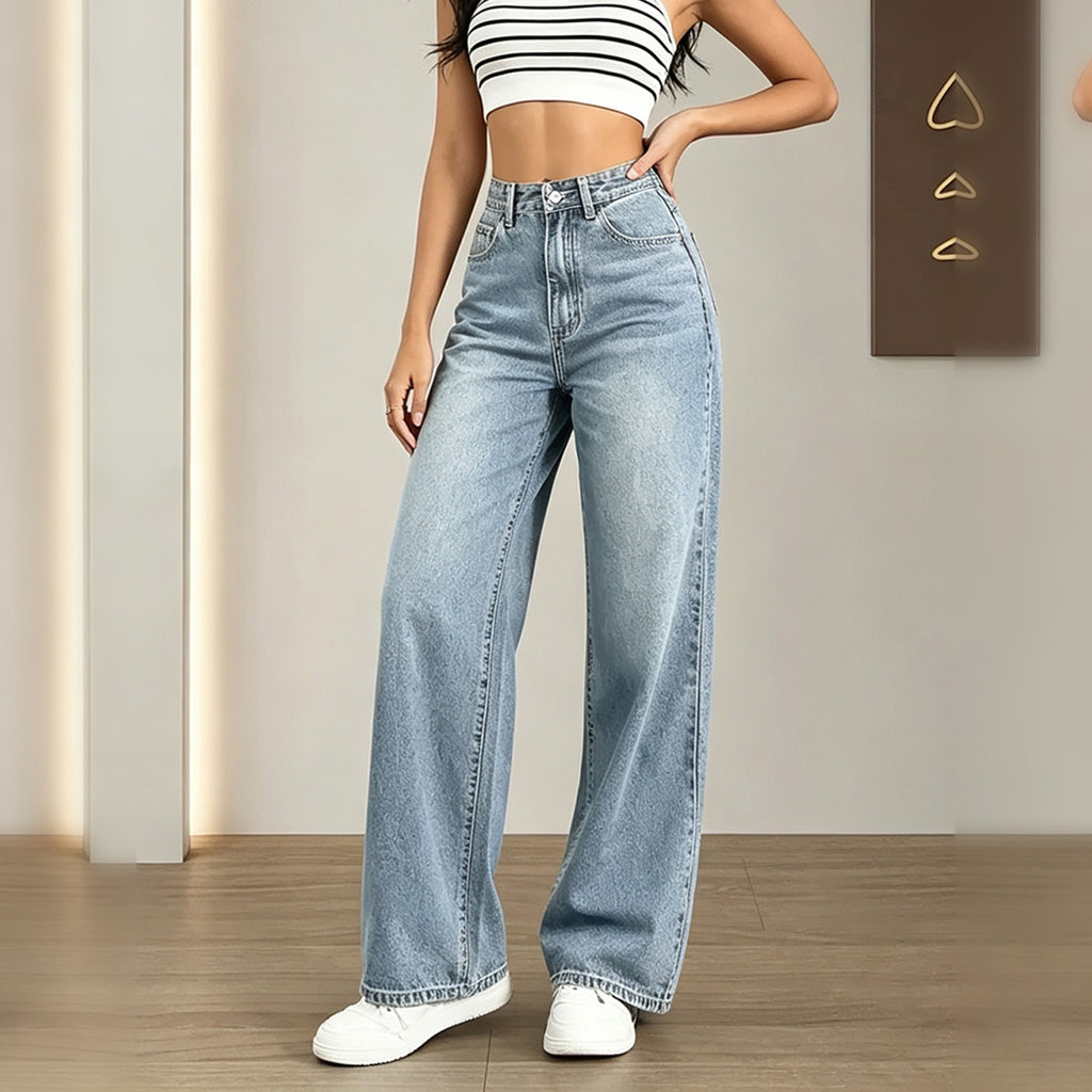 Laver la lumière des femmes Jeans haut de taille large jambe