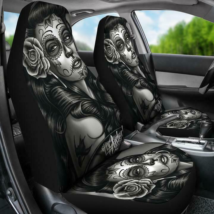 Couverture de siège de voiture noir et blanc tatoué femme haut dos