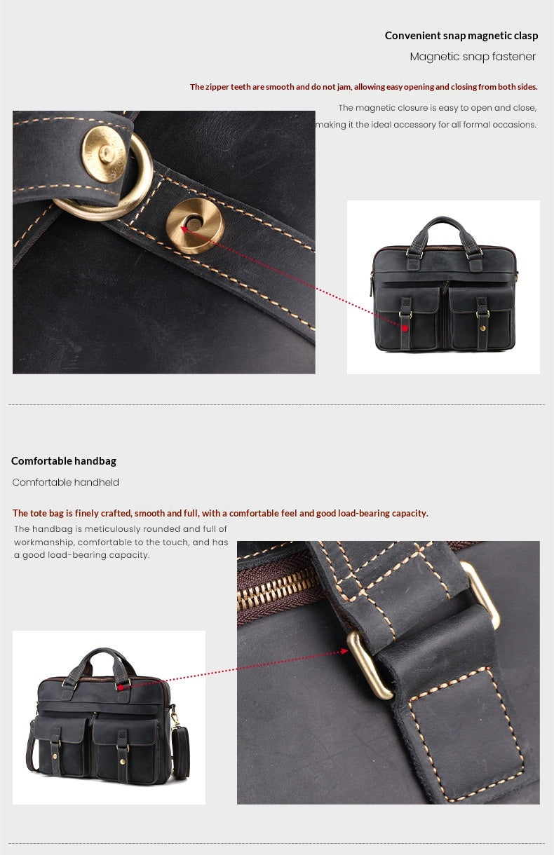Vintage Cowhide Sac à main homme Crazy Horse Cuir Commuter Computer Sac en cuir véritable Salut