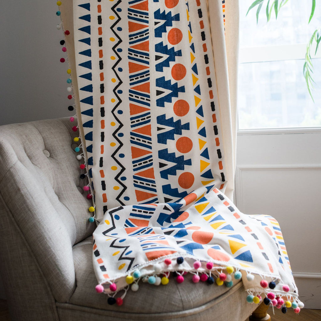 Rideau coton et lin imprimé couleur boule de fourrure Bohemian style pays