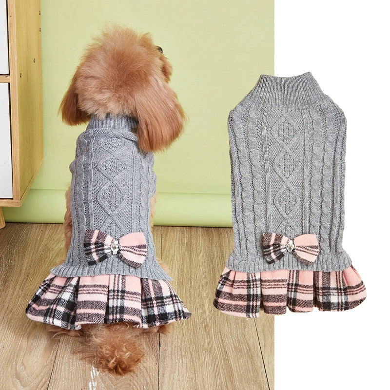 Vêtements pour animaux de compagnie Chandail tricoté blanc et gris avec arc
