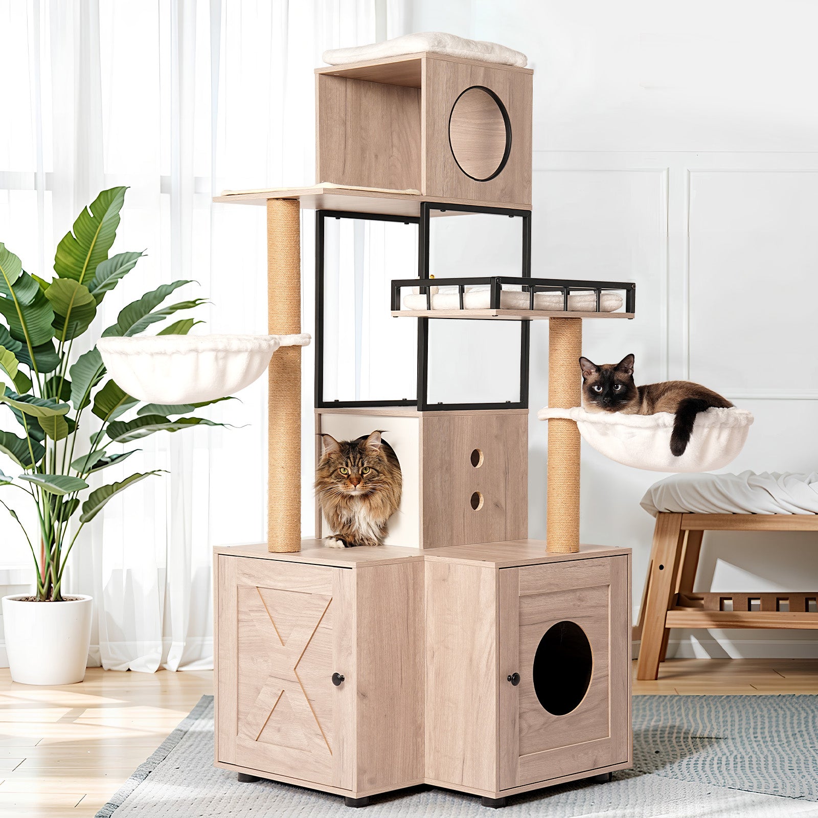 Arbre à chat multifonctionnel de 63" avec boîte à litière - Comprend un coussin lavable amovible