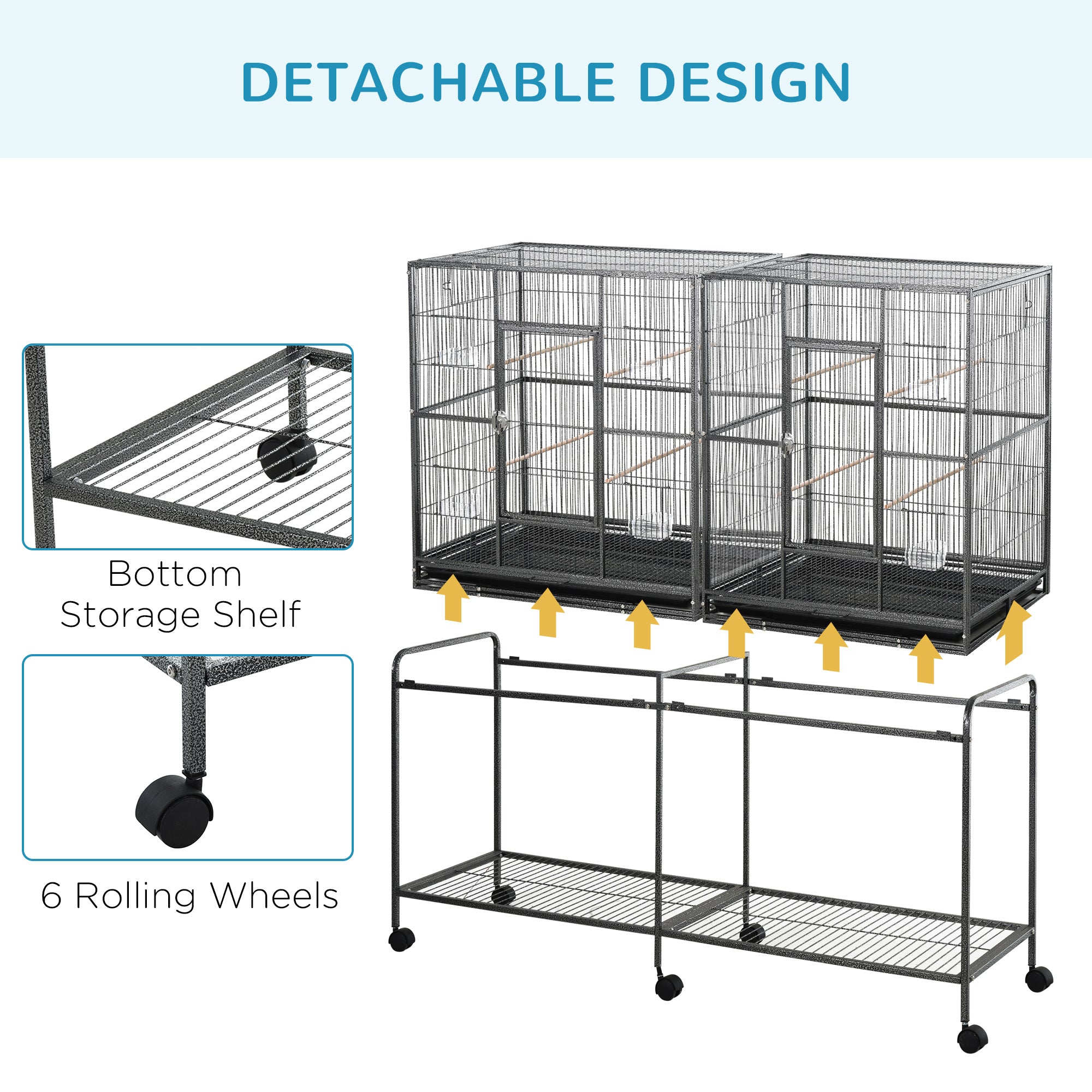 Cage d'oiseau de 65"L avec plateau de stockage Perchoir en bois Contenant alimentaire