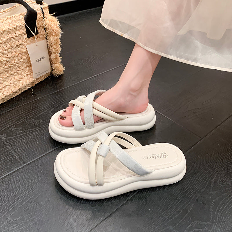 Women's Minimalist Two-Tone Knotted Cross Strap Platform Slide Sandals Daily