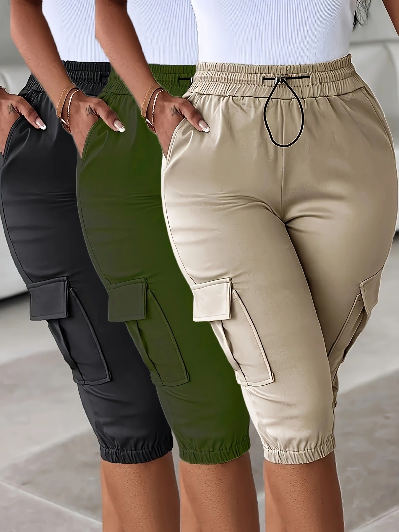 Style élastique taille Slim-Fitting Casual élastique tour de taille avec plusieurs poches