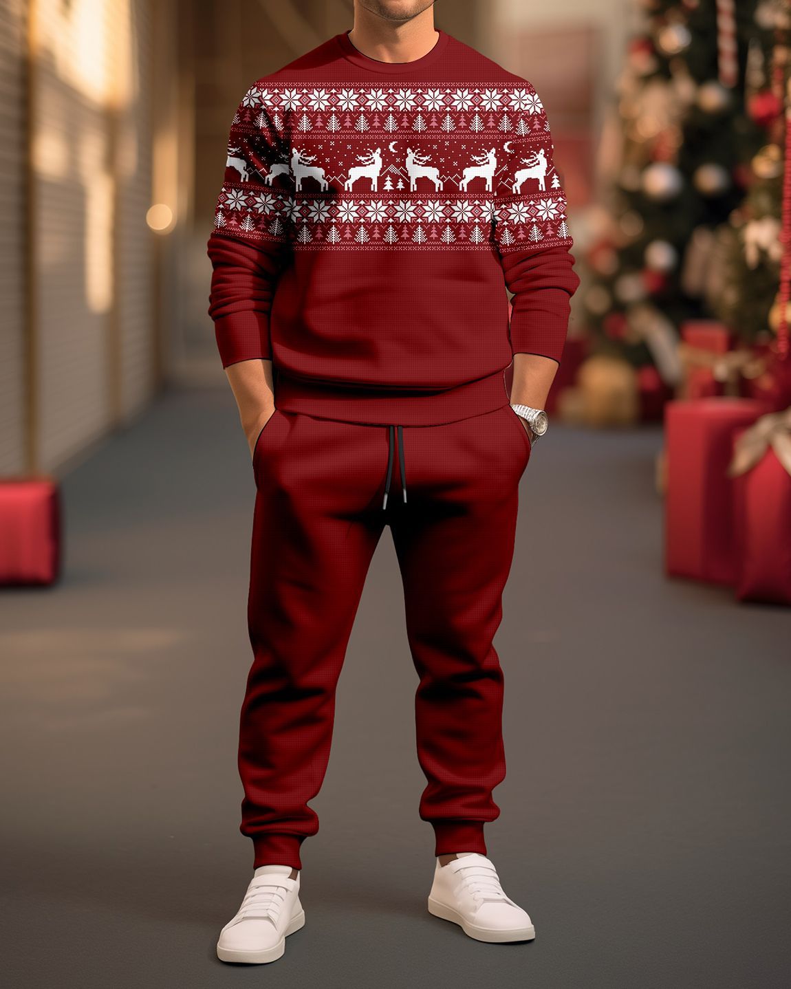 Autumn Men's Crew Neck Long Sleeve Top and Pantalons Set with Christmas Festival Prints