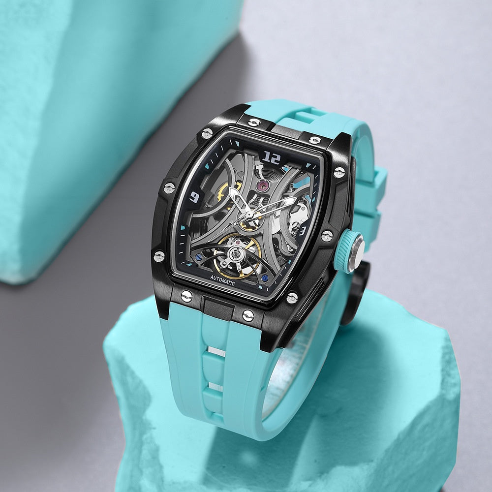 Montre en forme de barrique avec un boîtier en acier Mouvement automatique à squelette complet